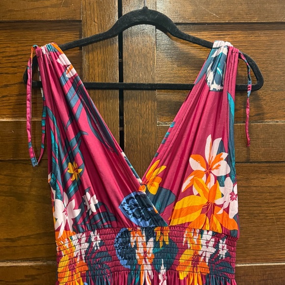 Lildy Large XL Floral Midi sun Dress Pink Orange Hawaiian tropical coverup beach - Picture 3 of 9